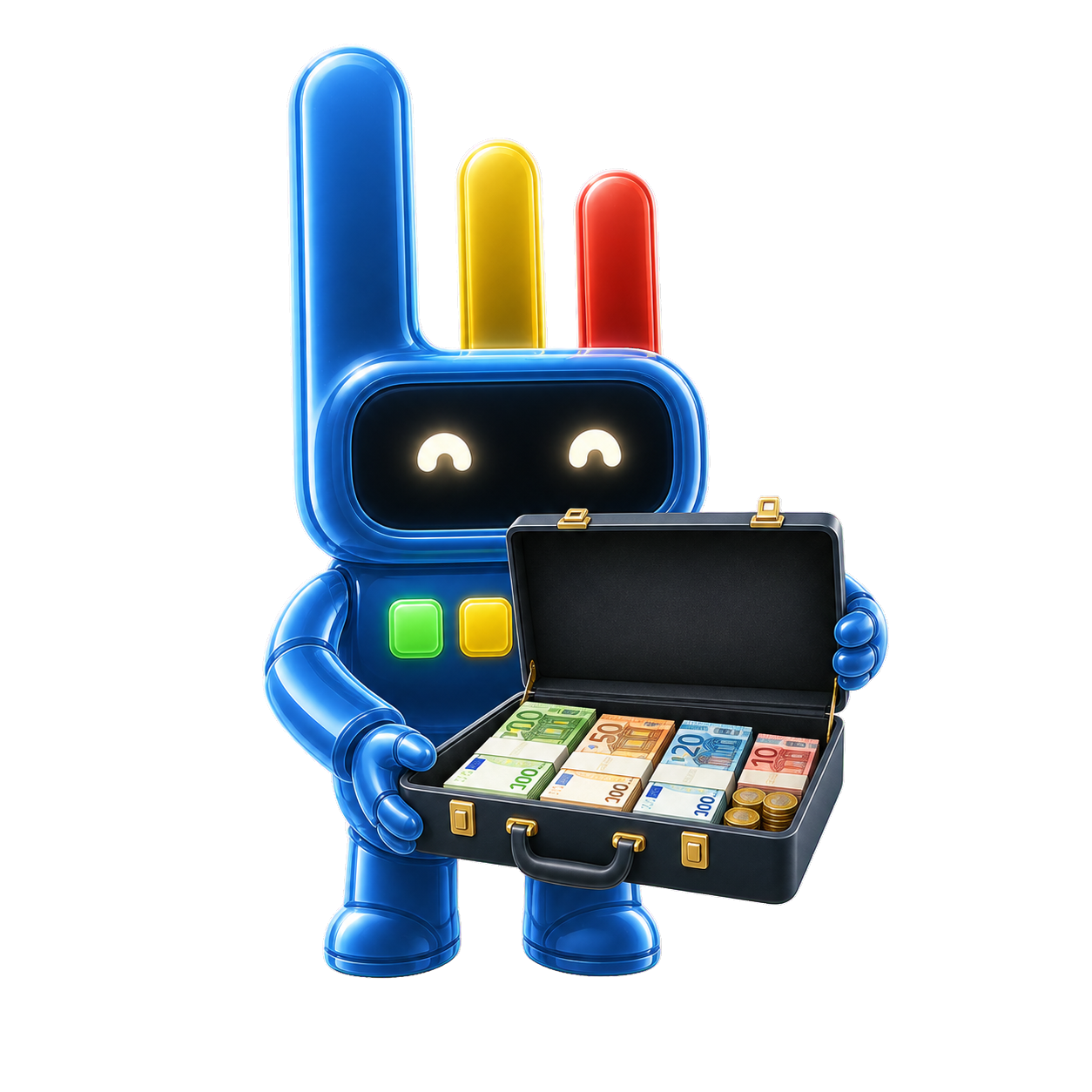 Luminator mascot presenting a briefcase filled with euro banknotes