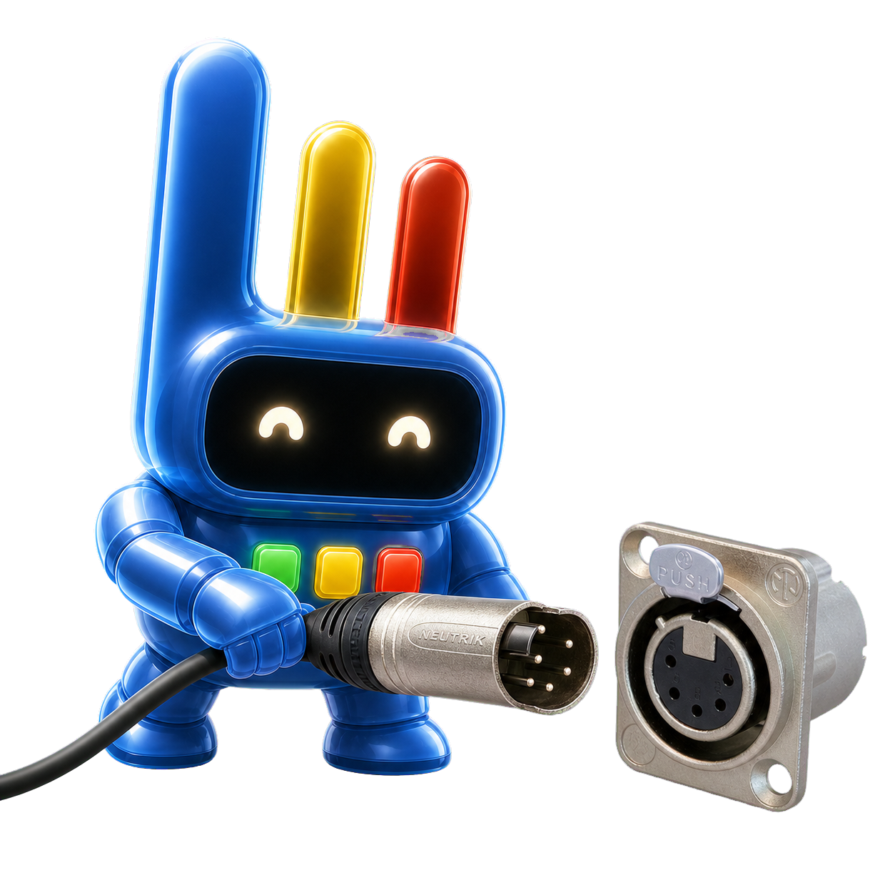Luminator mascot connecting a real five-pin DMX XLR cable