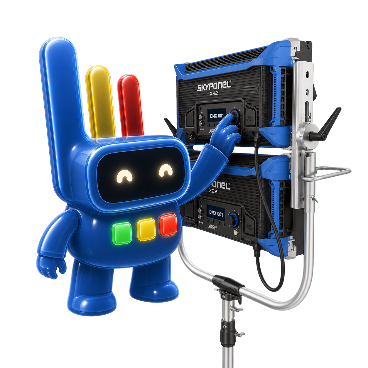 Luminator mascot setting DMX address 001 on the rear controls of an ARRI SkyPanel X22