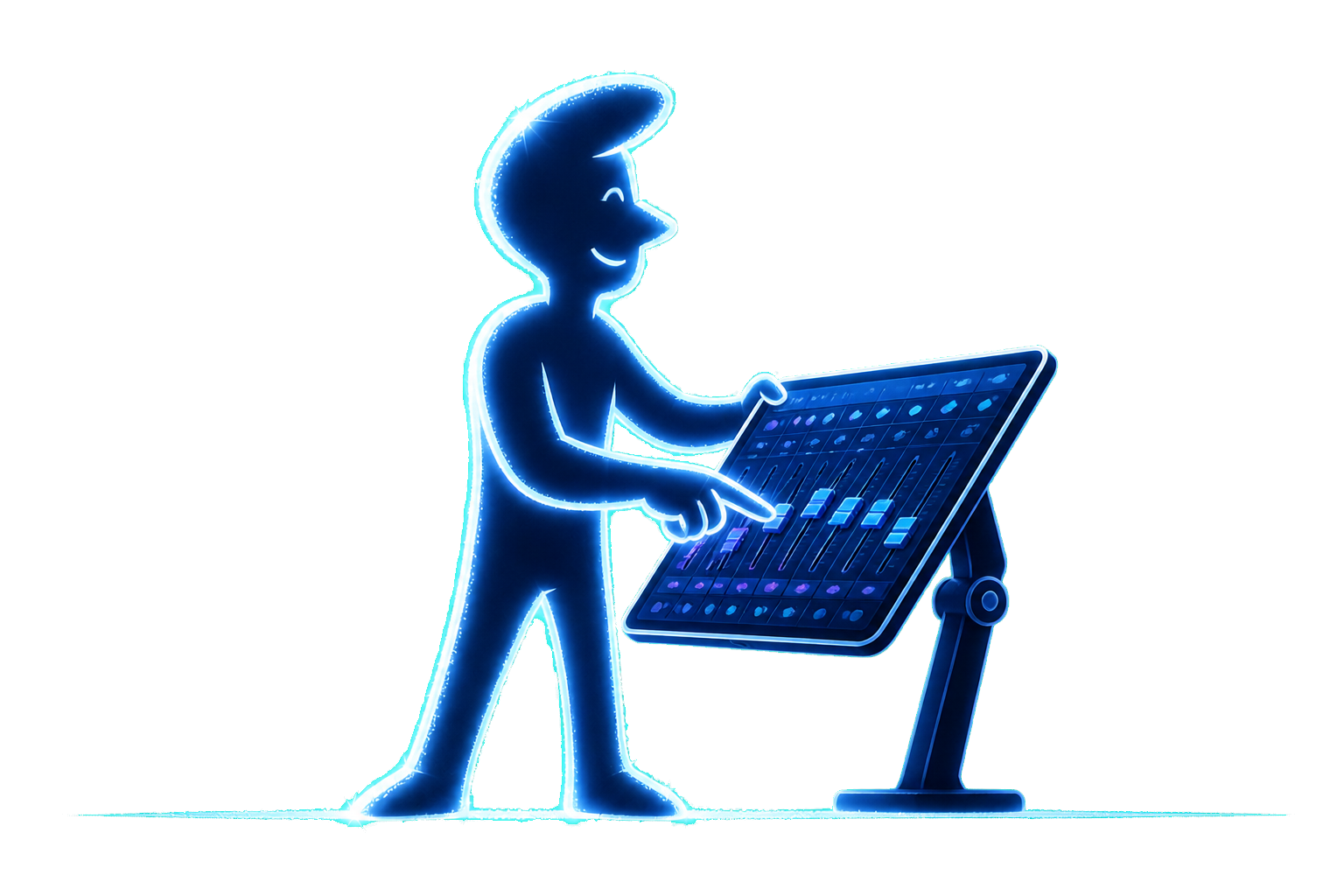 Lumographe mascot operating the lighting console on an iPad