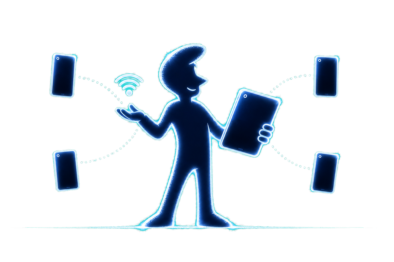 Lumographe mascot presenting an iPad shared with four phones over the local network