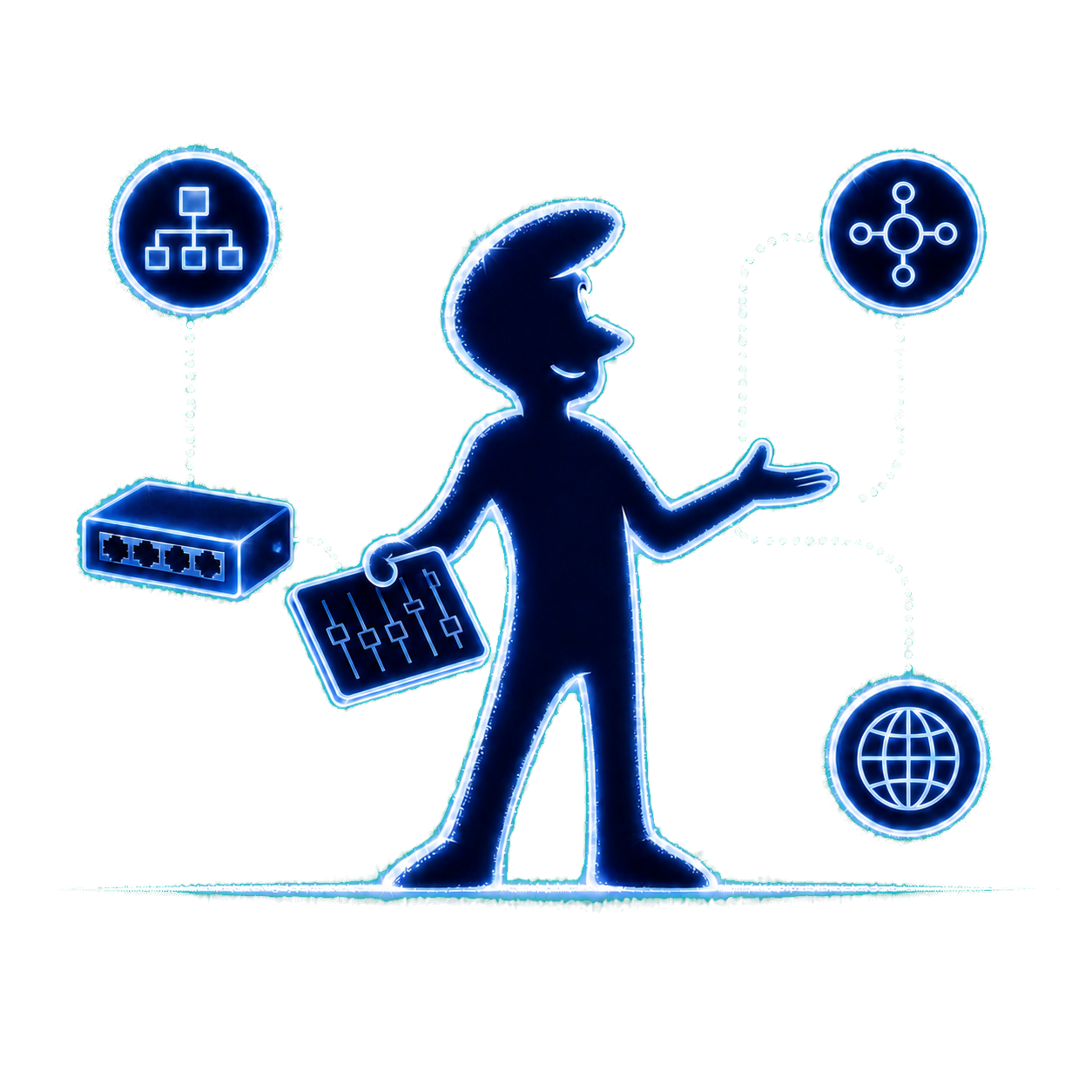 Lumographe mascot presenting an iPad, a local bridge and network output