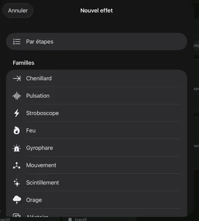 Effect family list with Chase, Pulse, Strobe, Fire and Movement