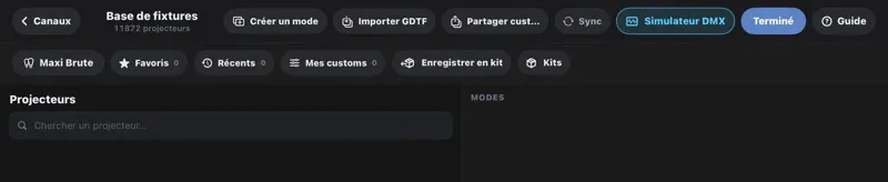 Lumi library action bar with Create Mode, DMX Simulator, customs and kits