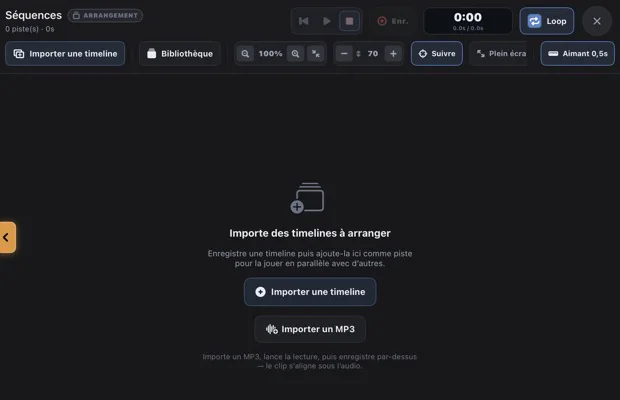 Sequence editor with transport, Import Timeline and Import MP3