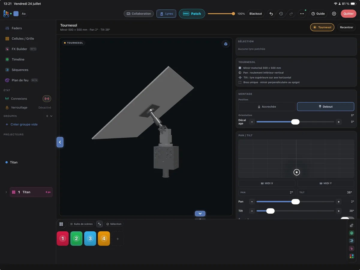 Interface Tournesol dans Lumographe sur iPad : vue 3D, pad pan/tilt et réglages de montage